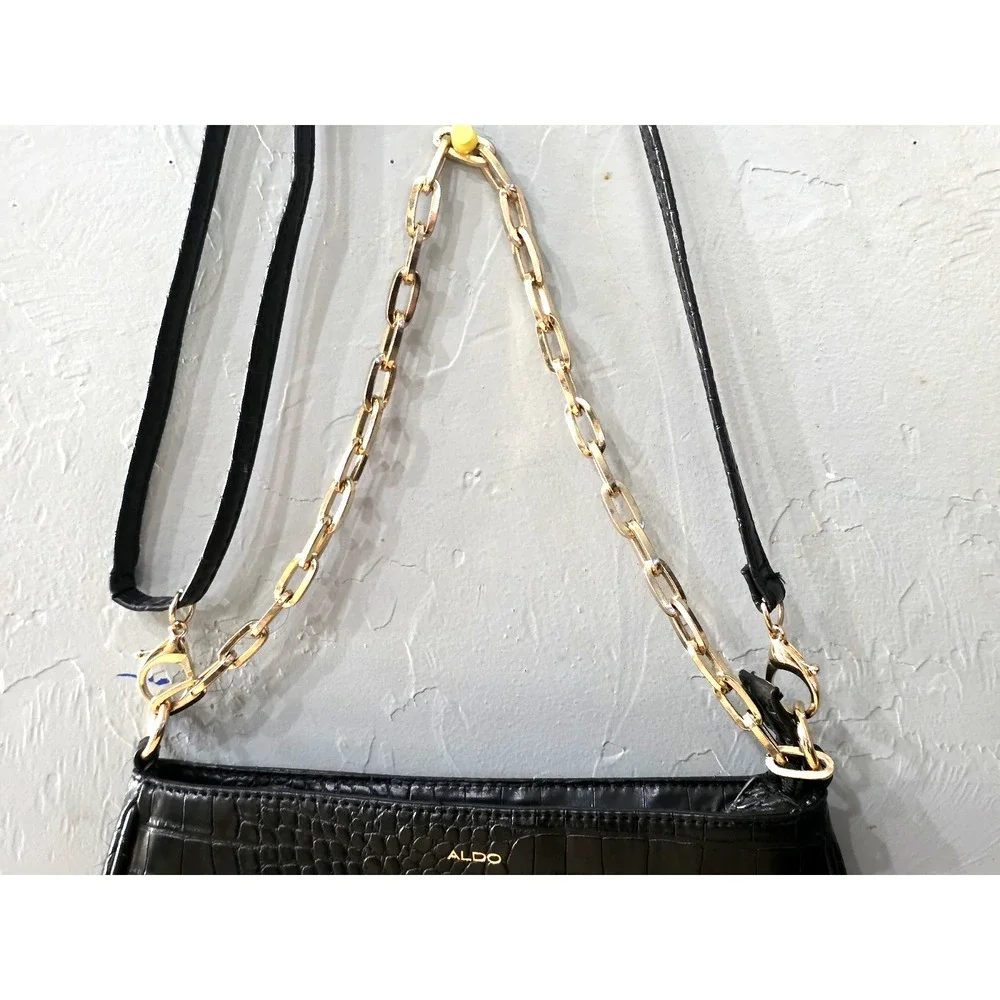 Elegant Aldo Shiny Black Mock Croc Shoulder Bag With Gold Chain Strap Date Night